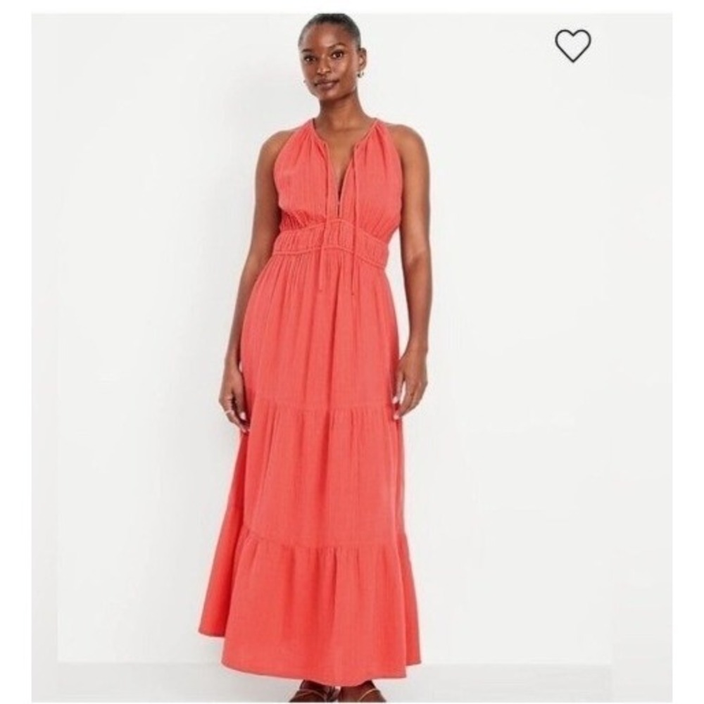 Old Navy Womens Size Large Sleeveless Demi Maxi Dress Live Coral Red 100% Cotton
